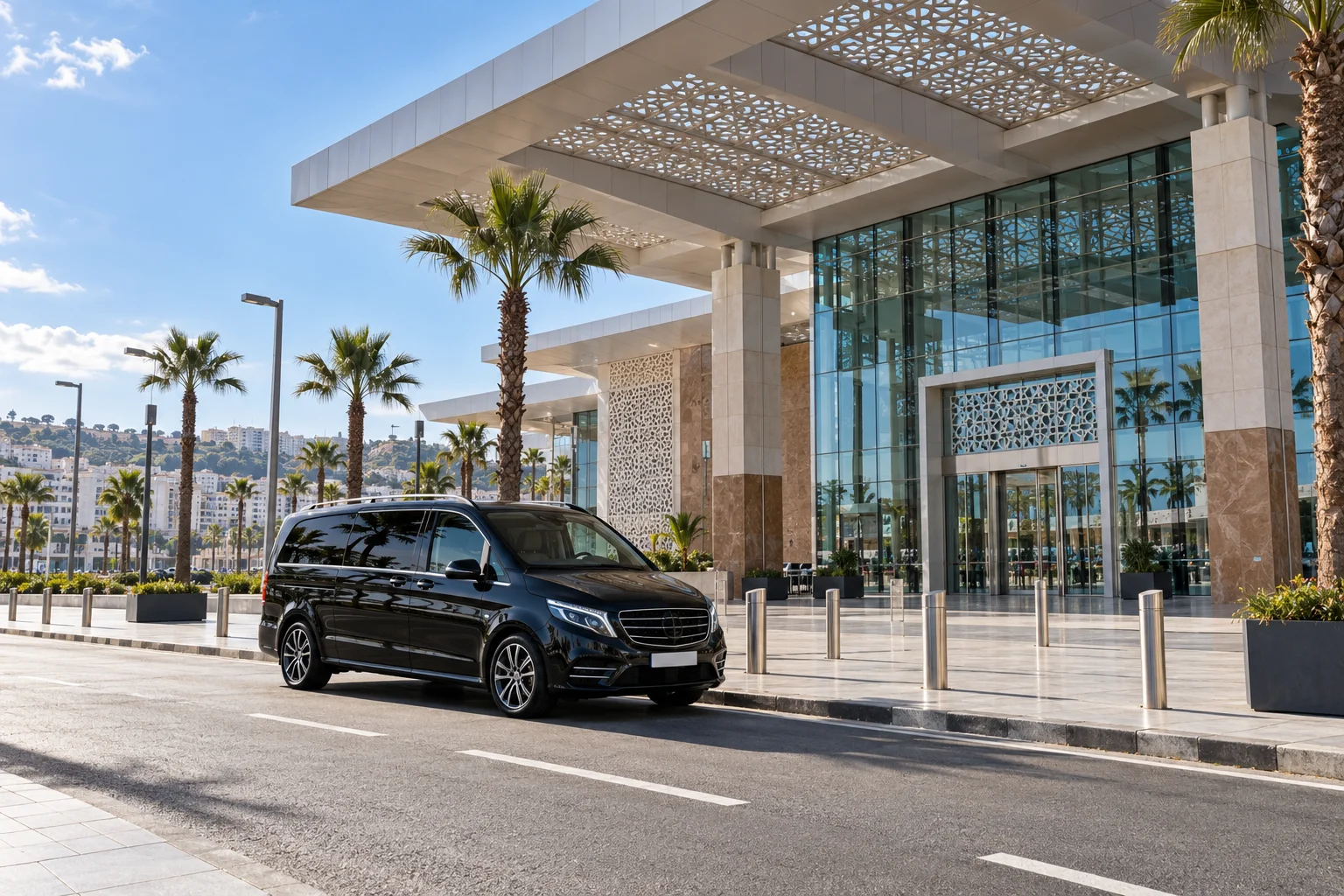مركبة نقل خاصة تصل خارج محطة سكة حديد طنجة المدينة في طنجة. مطار طنجة إلى محطة القطار