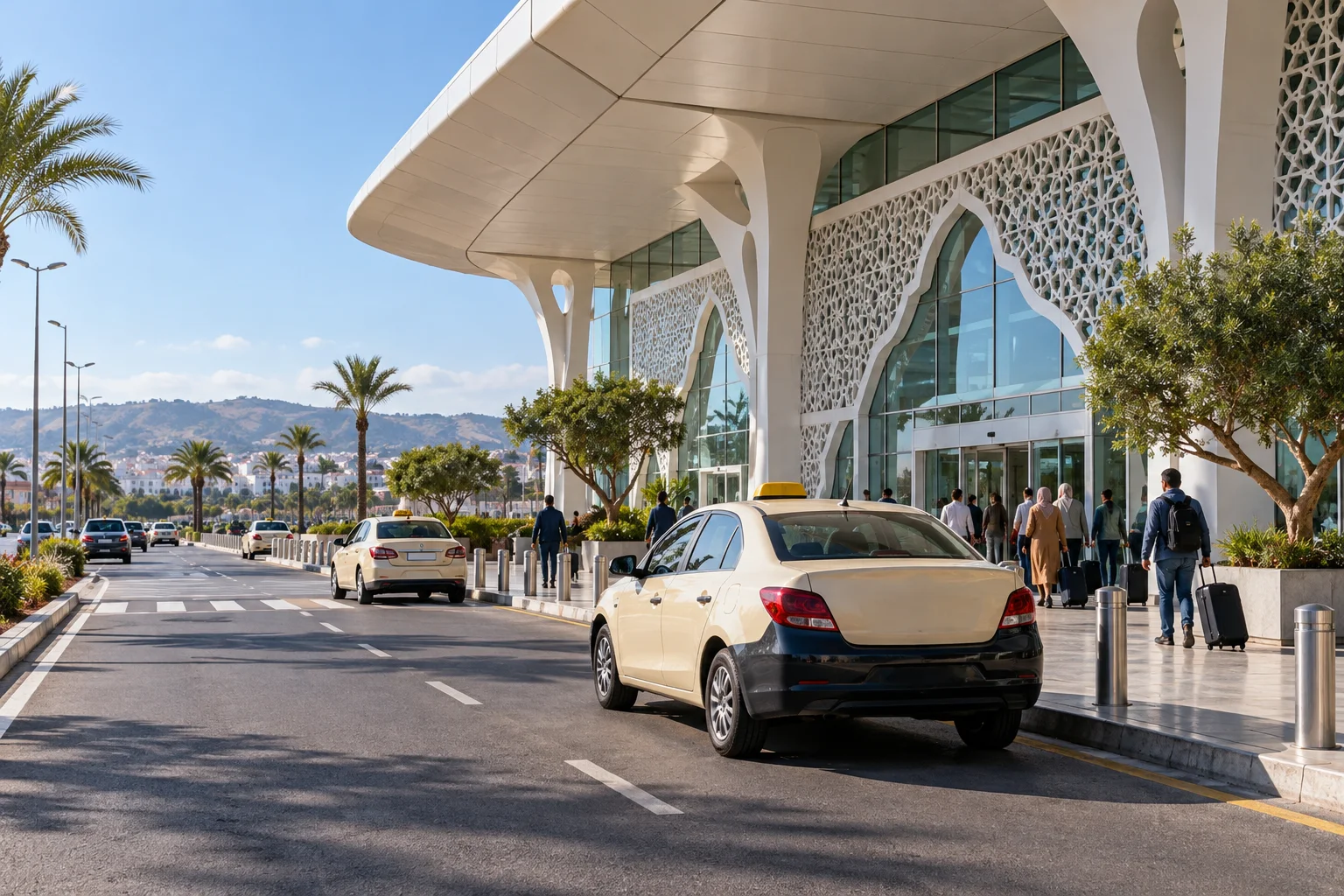 Táxi do aeroporto esperando do lado de fora do Aeroporto de Tânger Ibn Battouta em Marrocos. táxi de Tânger